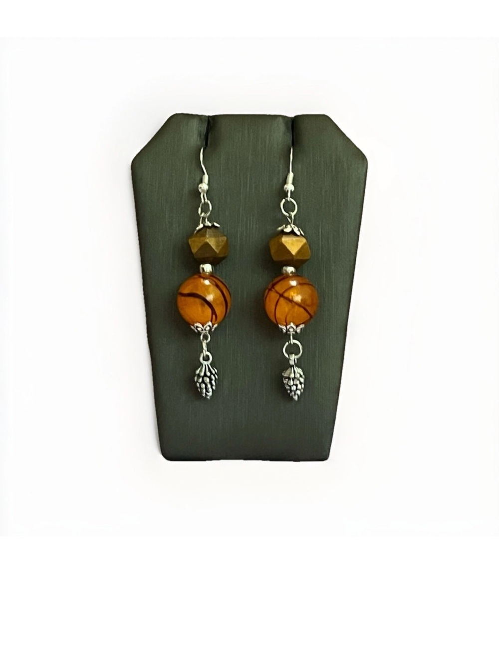 Autumn Fall Halloween Harvest Drop Earrings Orange Striped Bead Silver Tone